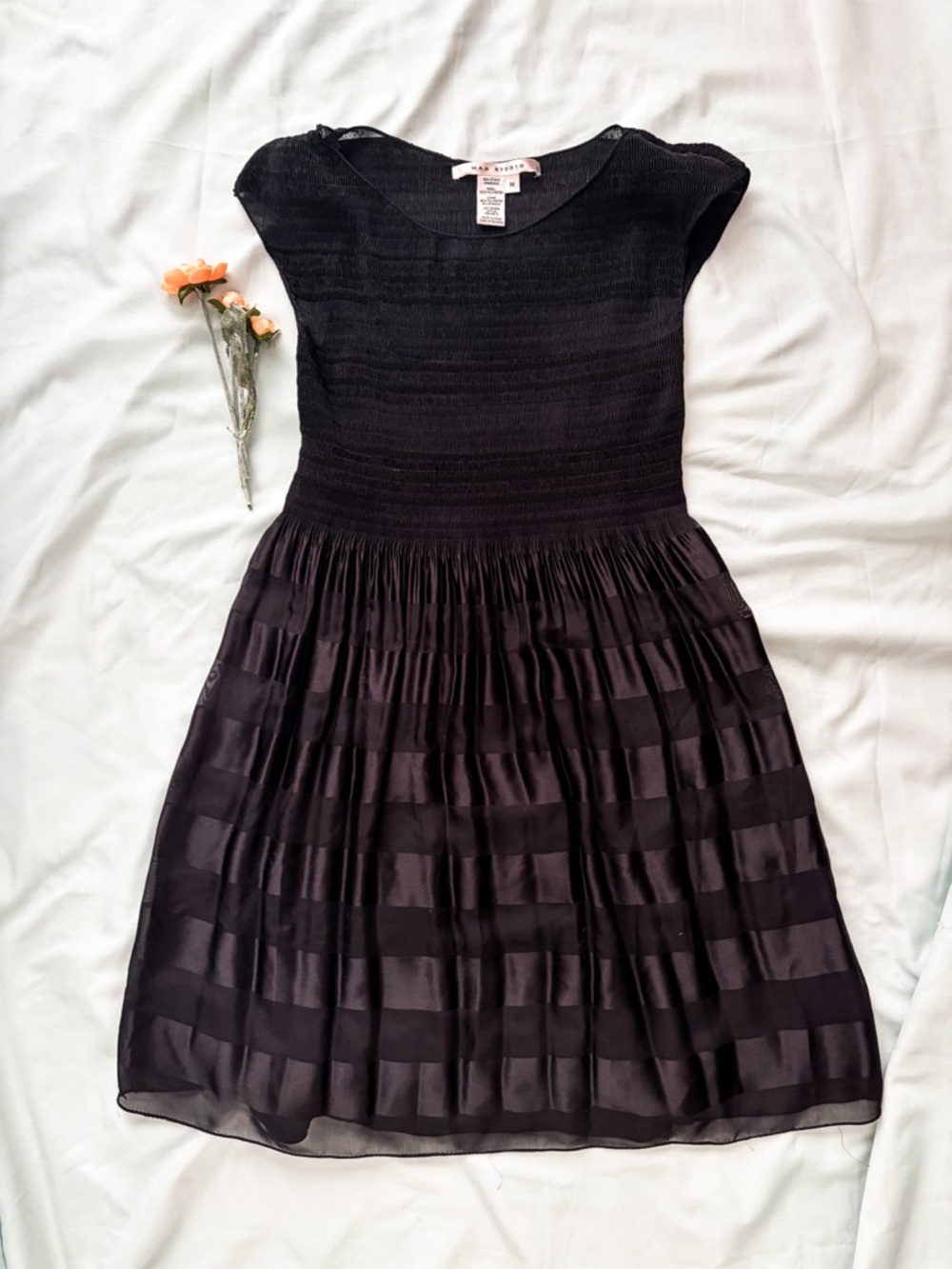 Max Studio Black Smocked Fit & Flare Dress Cap Sleeve Striped Satin Skirt Sz M